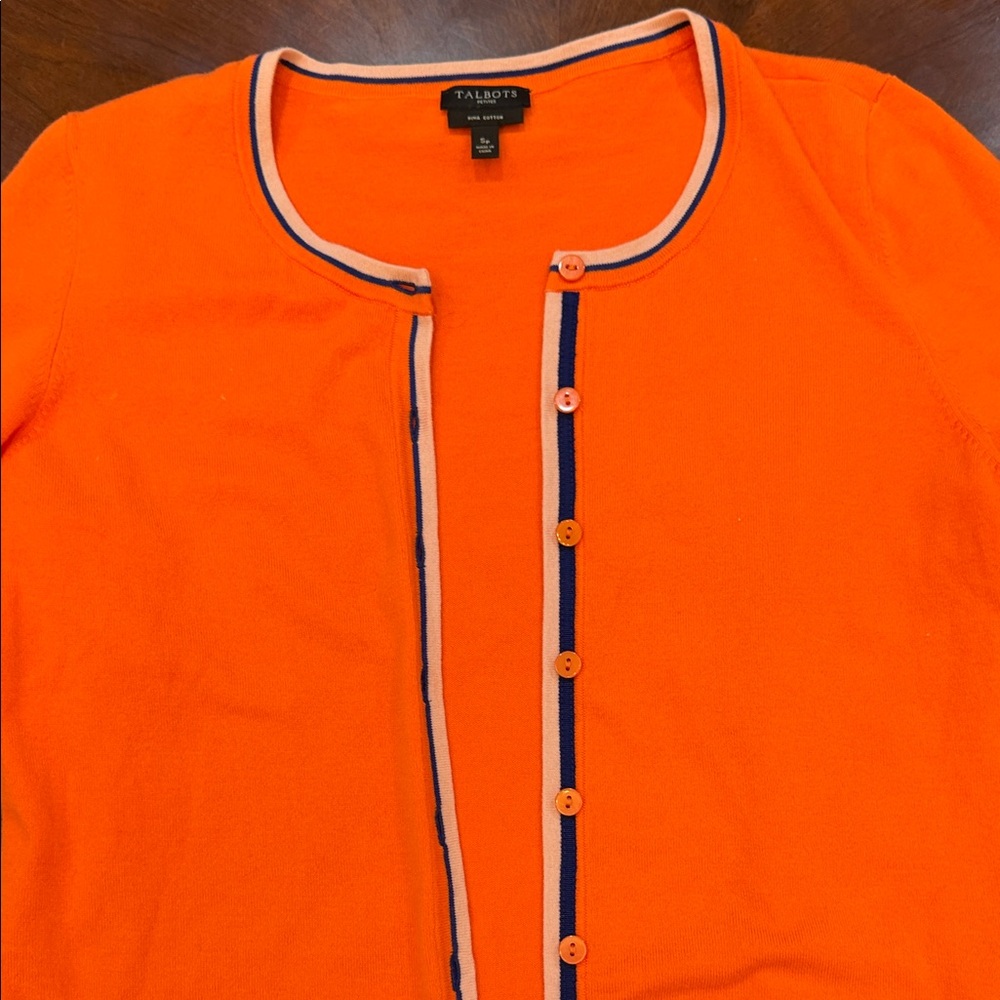 Talbots Orange Cardigan with Navy and White Trim - Picture 2 of 10
